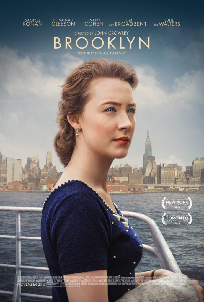 Movie poster for Brooklyn starring Saoirse Ronan. Best movies set in New York. 