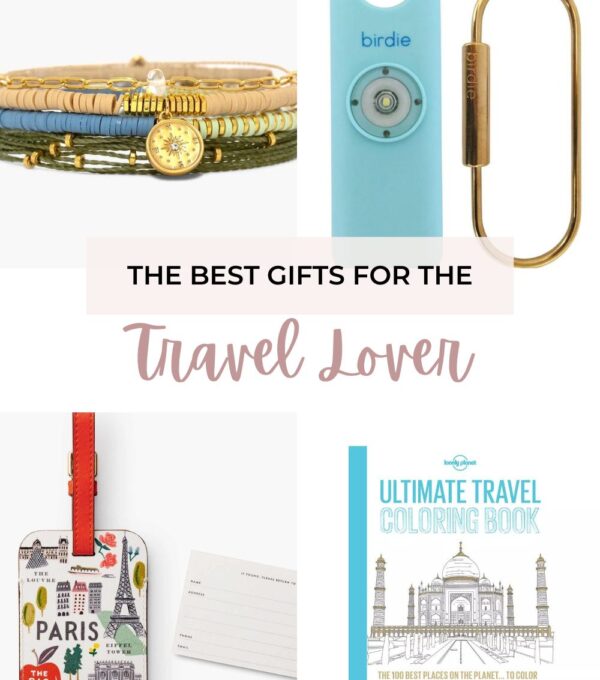 Four gifts for the travel lover including a green and gold bracelet pack from Pura Vida, a blue personal alarm from Birdie, a colorful luggage tag featuring famous landmarks from Rifle Paper Co, and a Lonely Planet Ultimate Travel Coloring Book